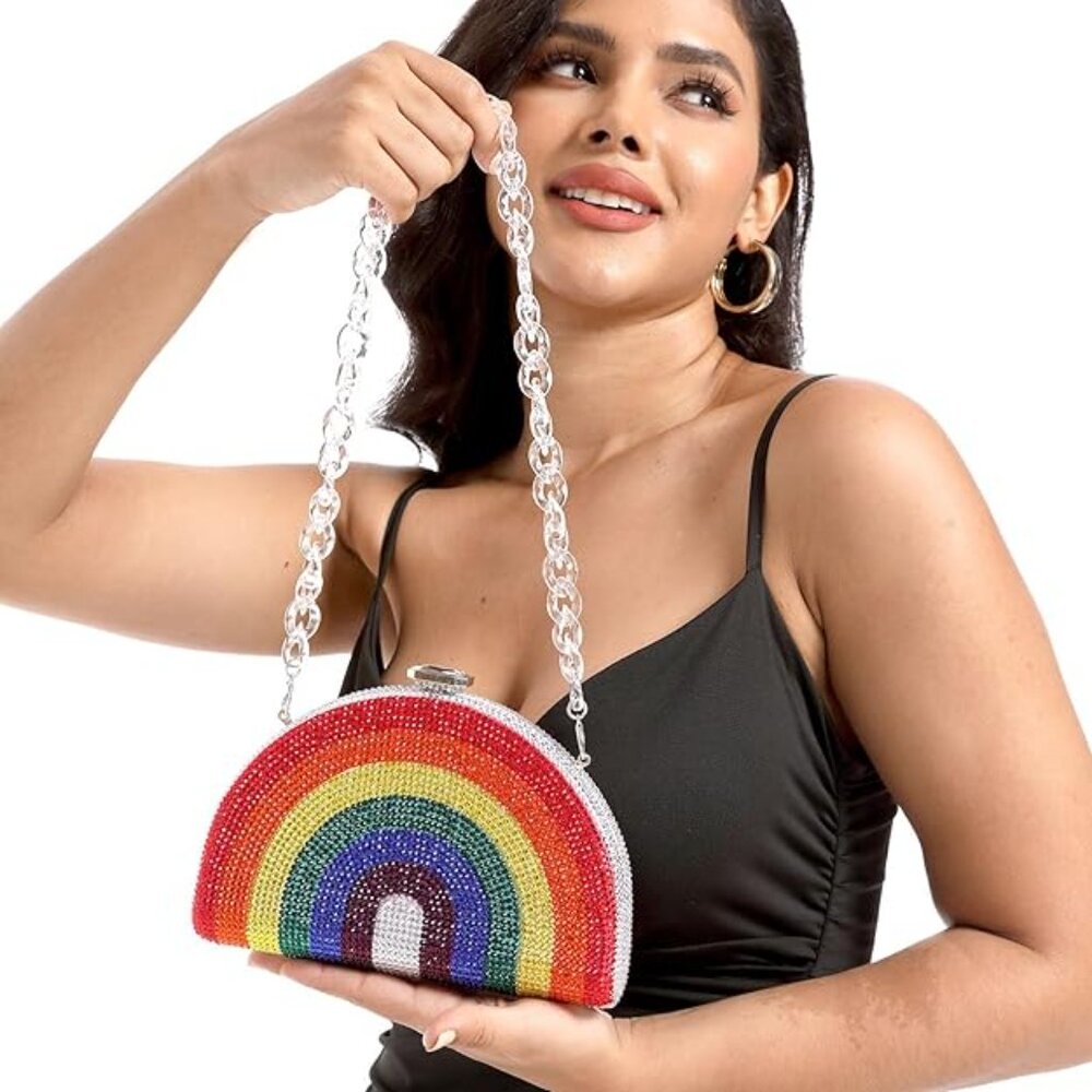 Pave Rhinestone Bling Rainbow Crossbody Chain Bag Clutch Handbag Pride Gifts NEW - Picture 6 of 7